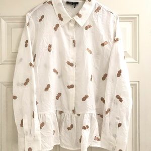 DKNY White/Gold Metallic Embroidered Peplum Shirt